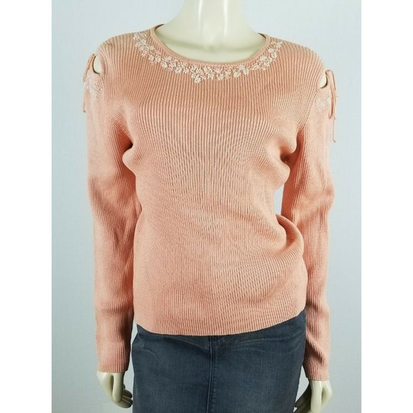 CHRISTINE‎ PHILLIPE peach peekaboo sleeves beaded Sweater size Large - Picture 1 of 11